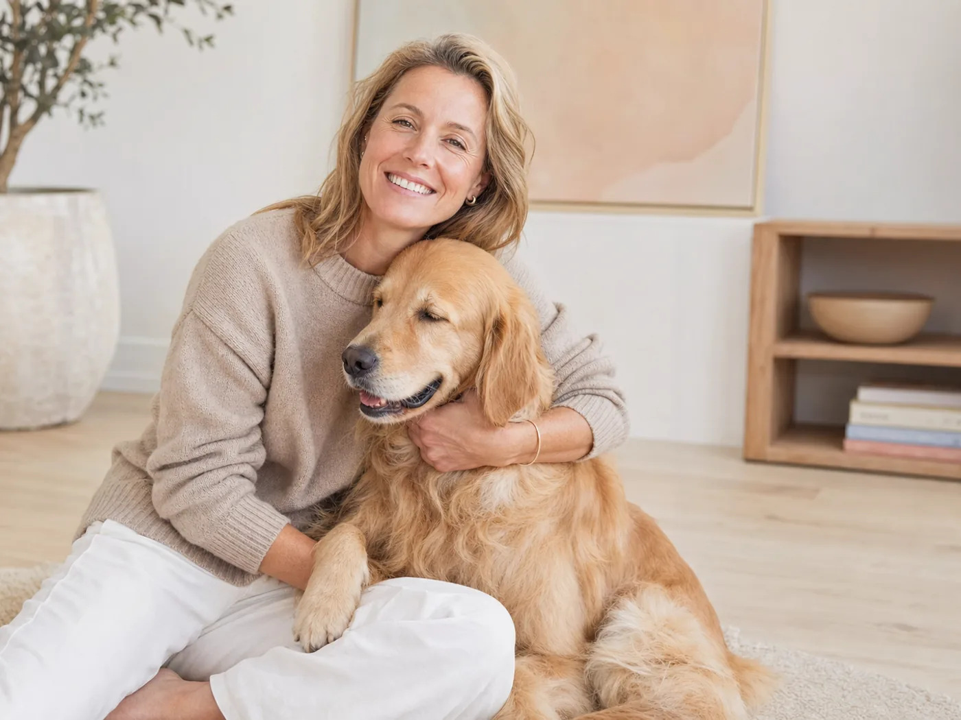 A woman enjoying a relaxed moment outdoors with her dog