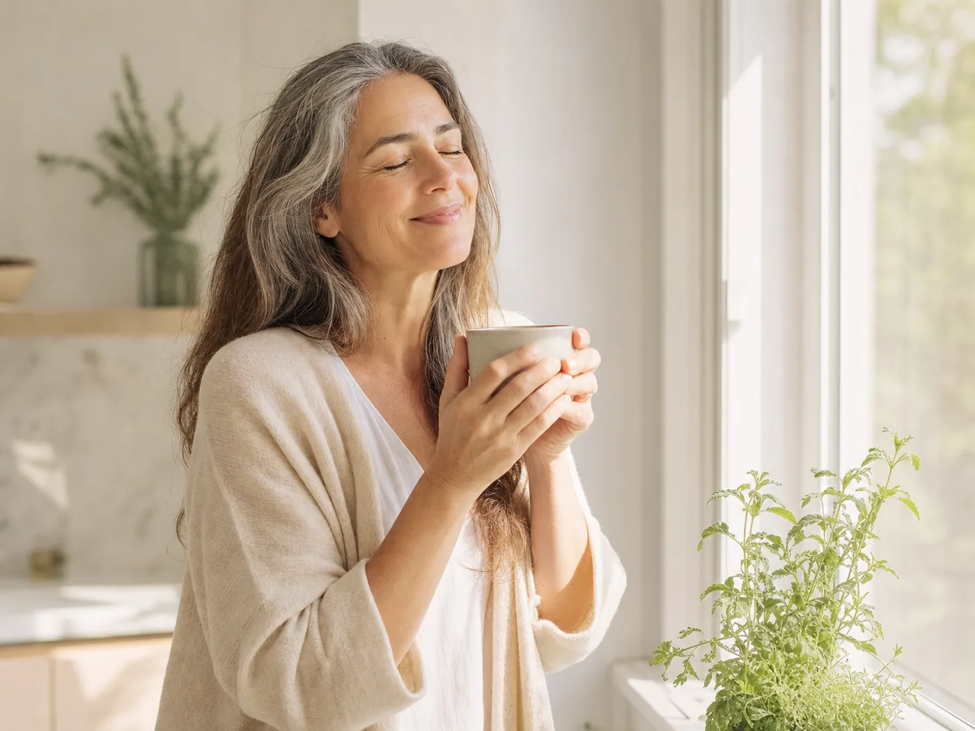 A woman calmly starting her morning with a cup of tea by the window