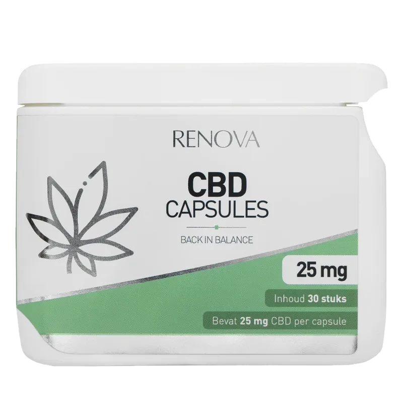 Packaging of Renova CBD capsules 25 mg