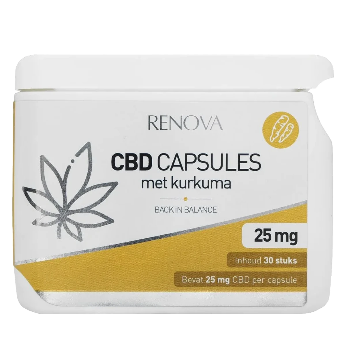 Packaging of Renova CBD capsules with turmeric