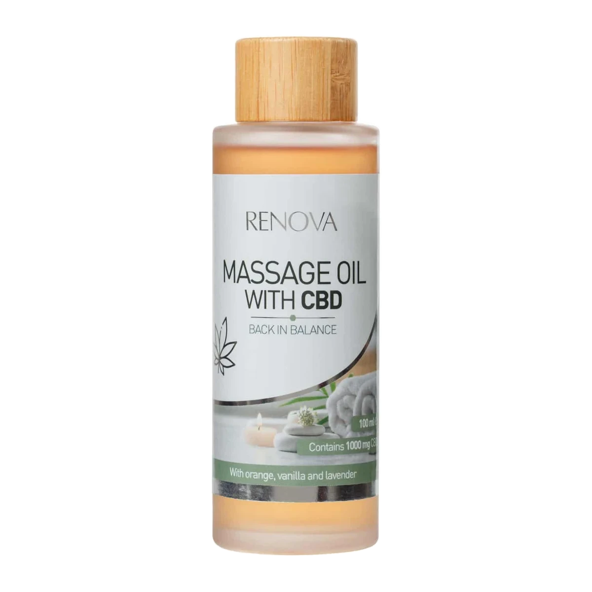 Packaging of Renova massage oil with CBD