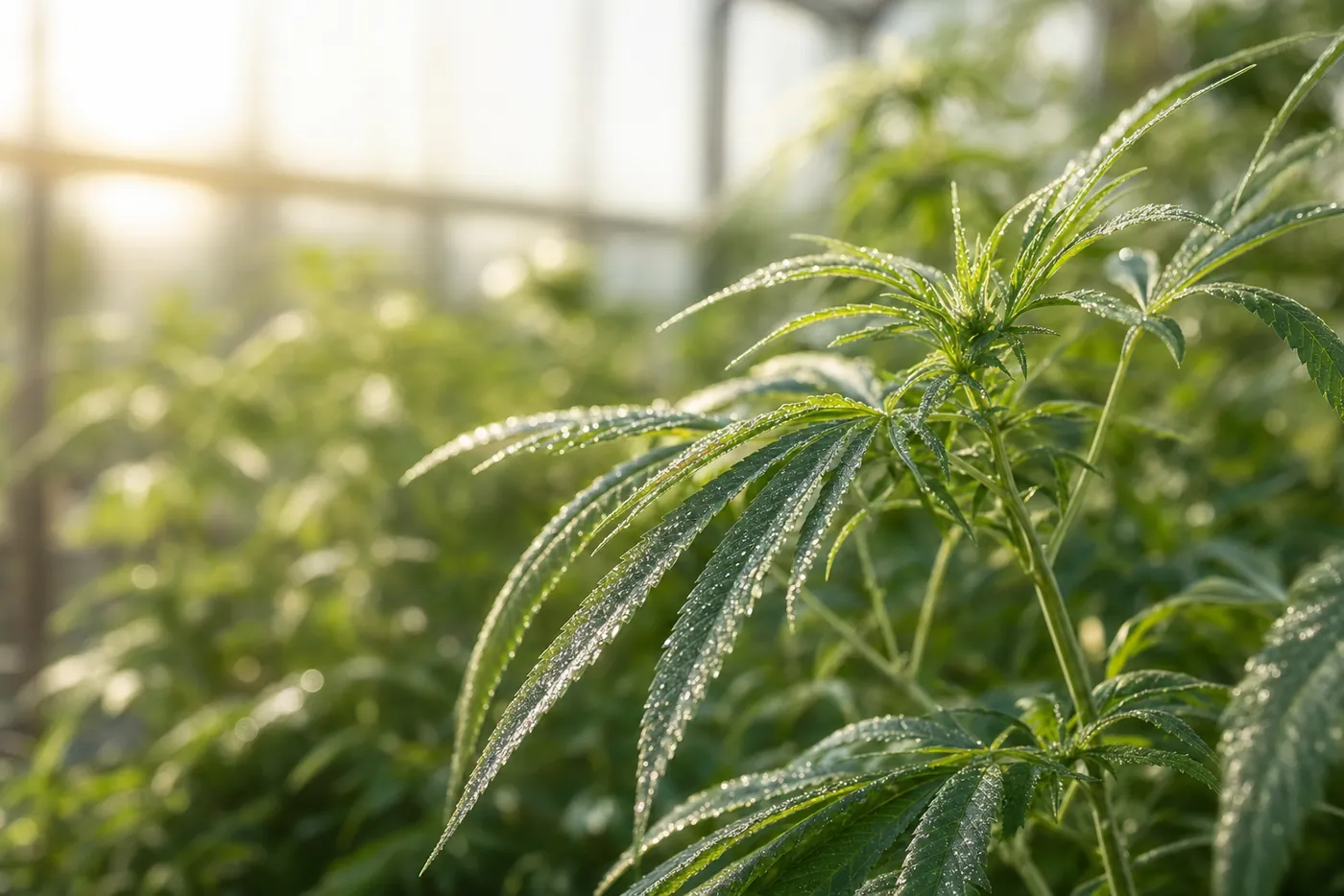 Fresh hemp leaves with morning dew in a sunny greenhouse