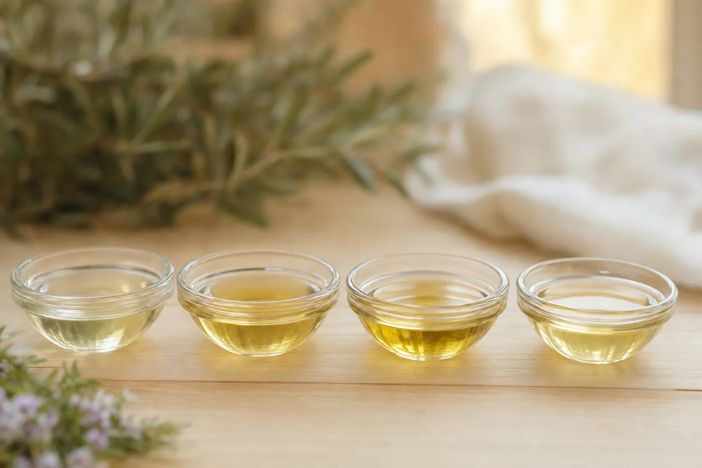 Four glass dishes with golden plant oils on a wooden table