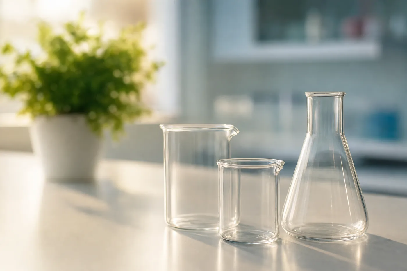 Clean laboratory glassware on a light workbench with a plant in the background