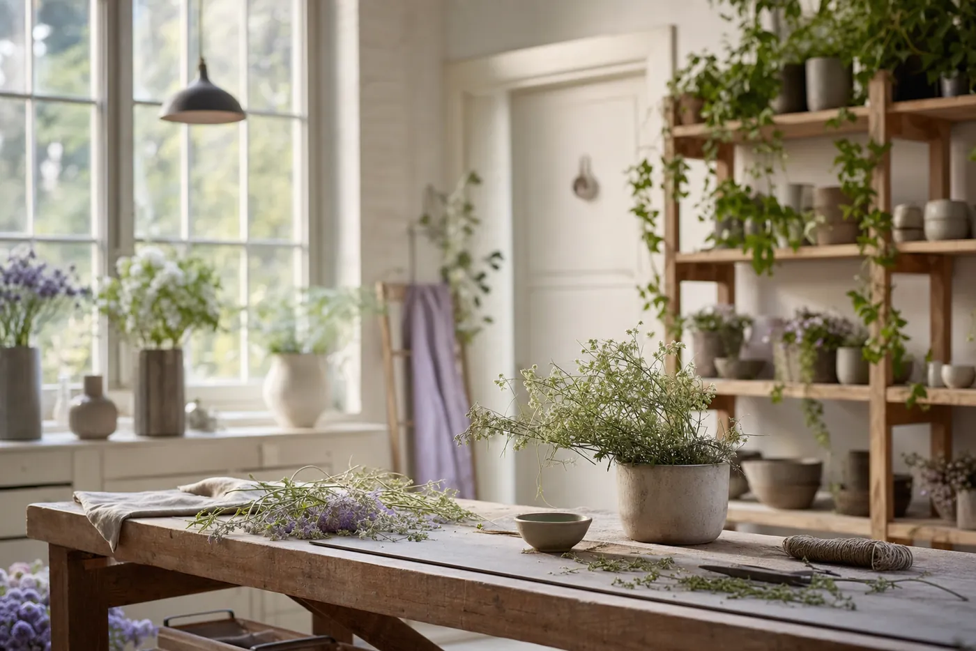 A bright workshop with a wooden workbench and plants in morning light