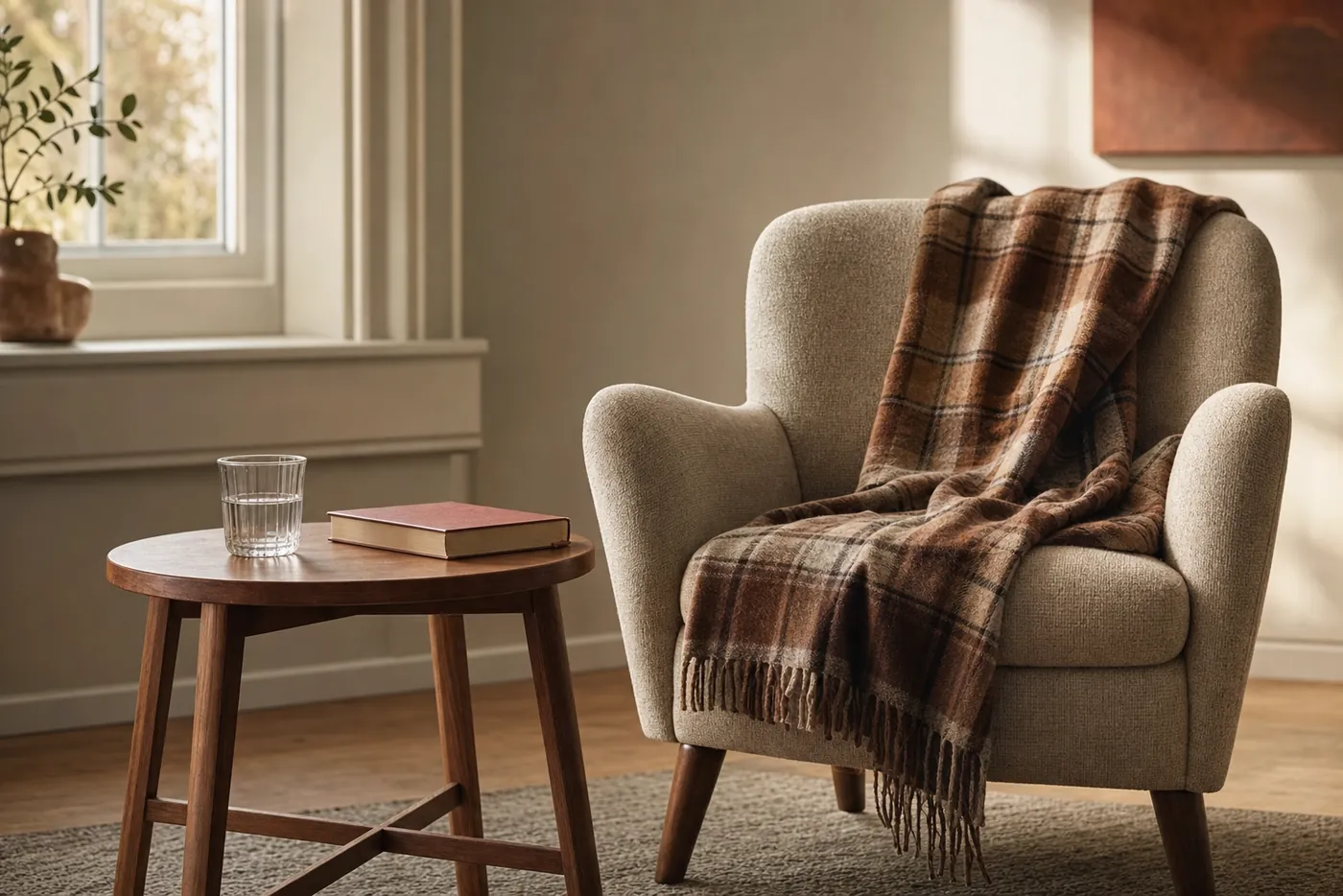 A quiet corner of a living room in morning light with an armchair, a throw and a glass of water